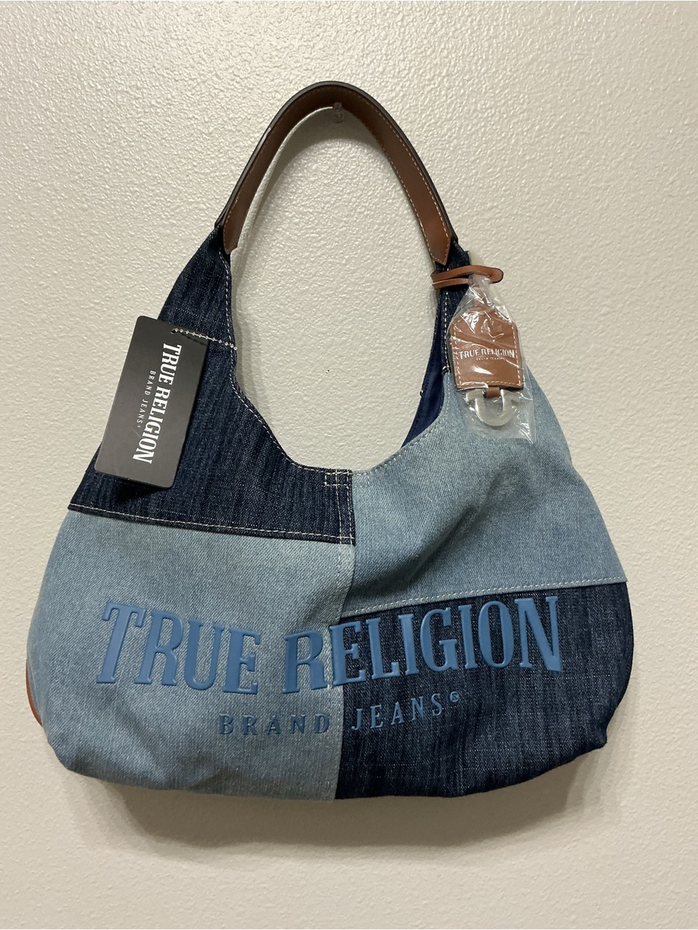 True Religion Patchwork Denim Hobo Bag in Light and Dark Blue with Brown Trim